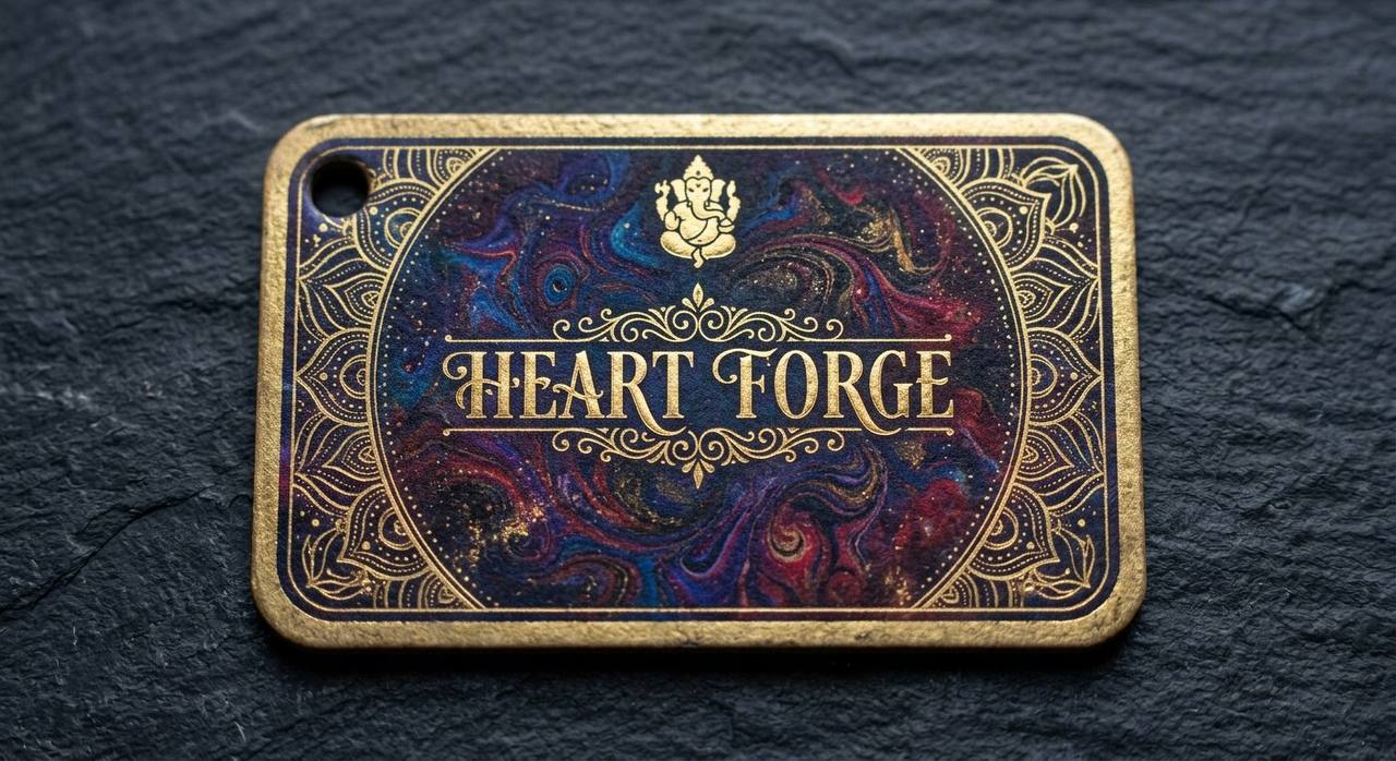 The Heart Forge token in full — Ganesha and ornate gold lettering on swirling cosmic marble, gold-framed, resting on dark slate